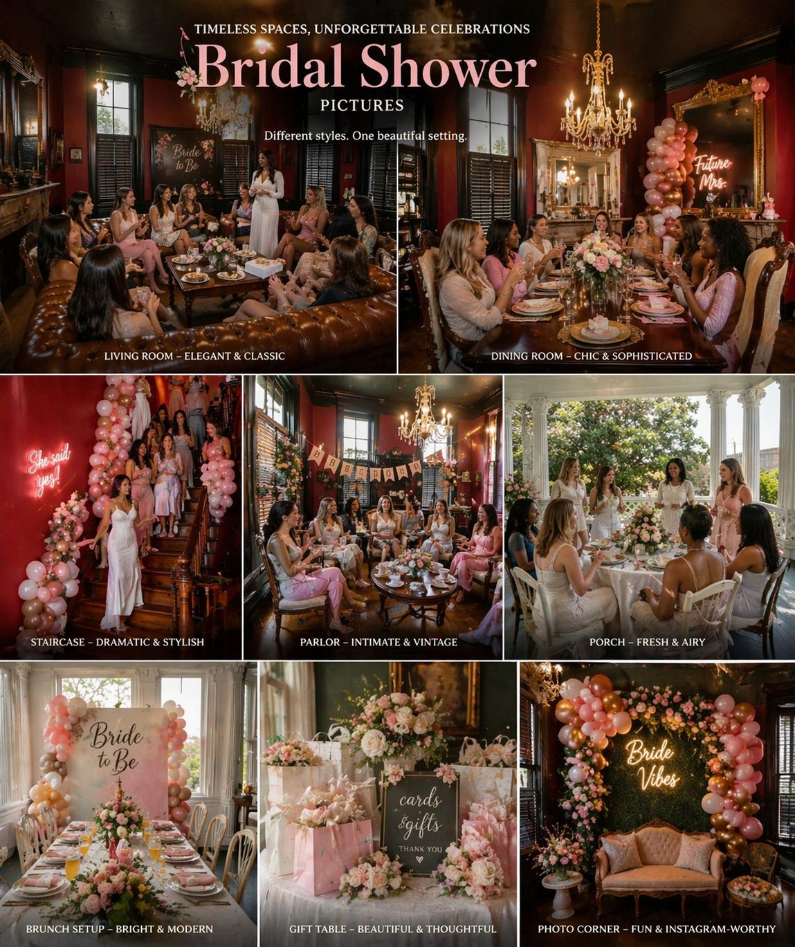 A composite of bridal shower scenes at The Continental — Living Room, Dining Room, Staircase, Parlor, Porch, Brunch Setup, Gift Table, and Photo Corner — each styled in soft pinks, florals, and balloon arches