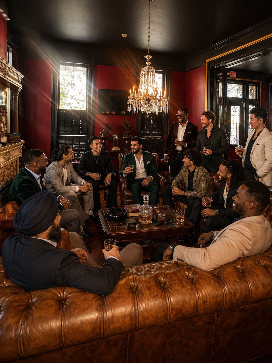 A gathering of well-dressed members in The Continental's chandelier-lit parlor, sharing whiskey and conversation on tufted leather Chesterfields