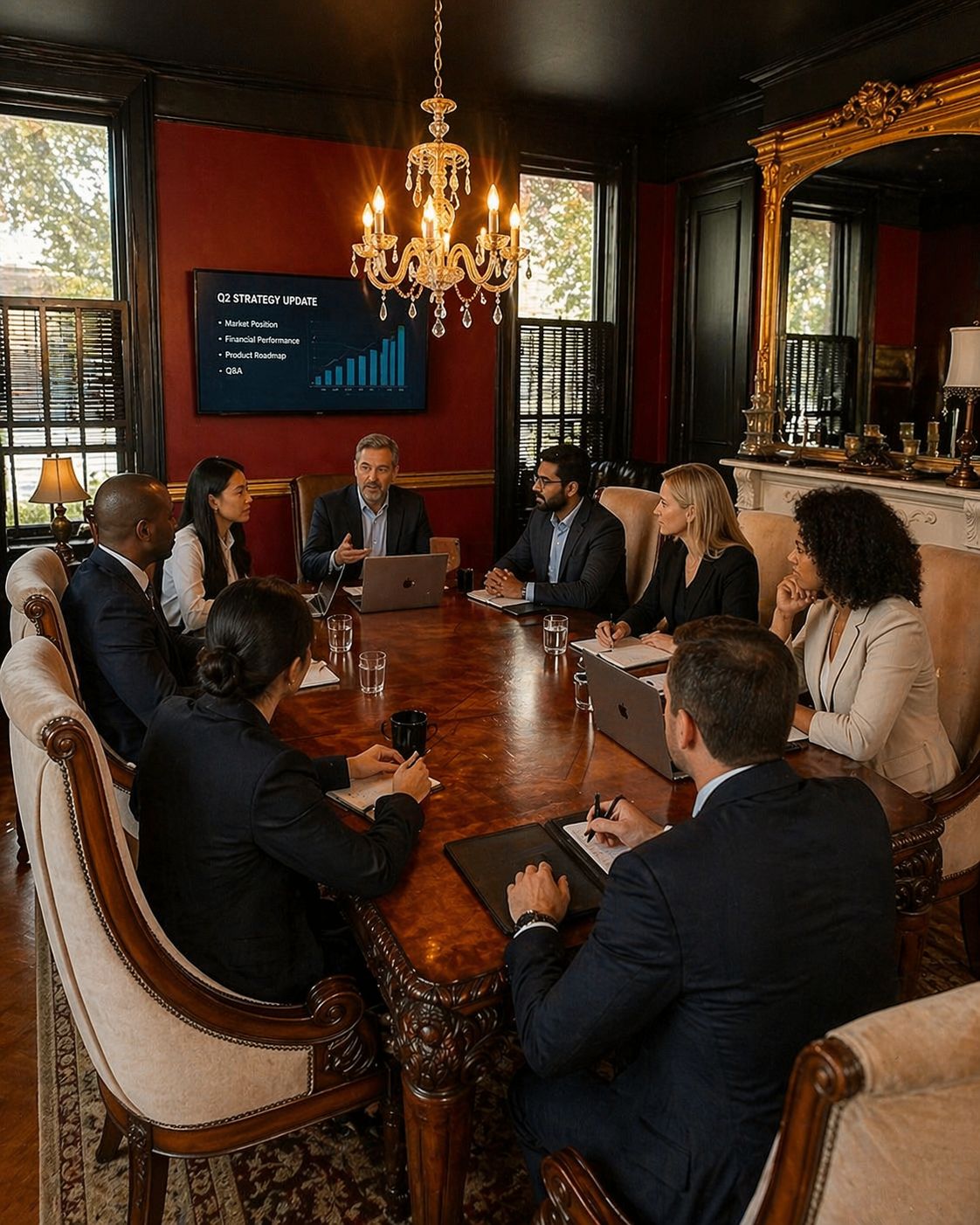 A board meeting in session at The Continental — executives gathered around a polished wood table beneath a crystal chandelier, with a Q2 strategy presentation displayed