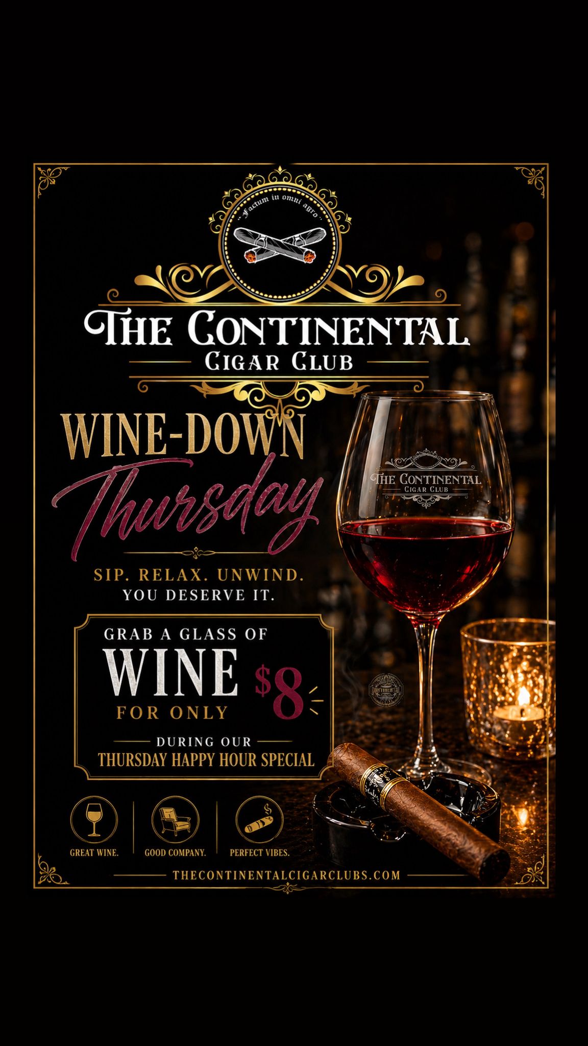 Wine-Down Thursday flyer — glass of red wine etched with The Continental Cigar Club logo, beside a candle and resting cigar