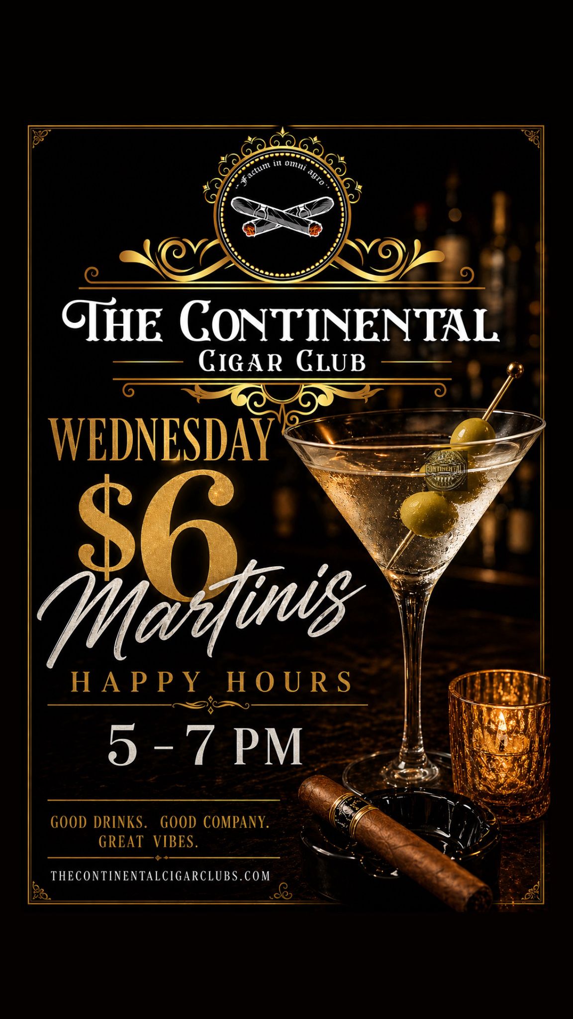 Wednesday $6 Martinis Happy Hours flyer — martini glass on a candlelit bar with a cigar resting in an ashtray